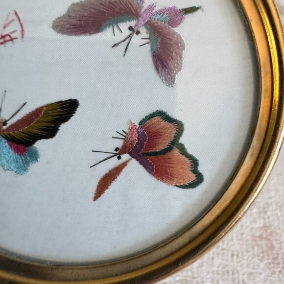 Vintage Chinese Cloisonne Silk Butterfly Embroidery Art - Picture 8 of 13